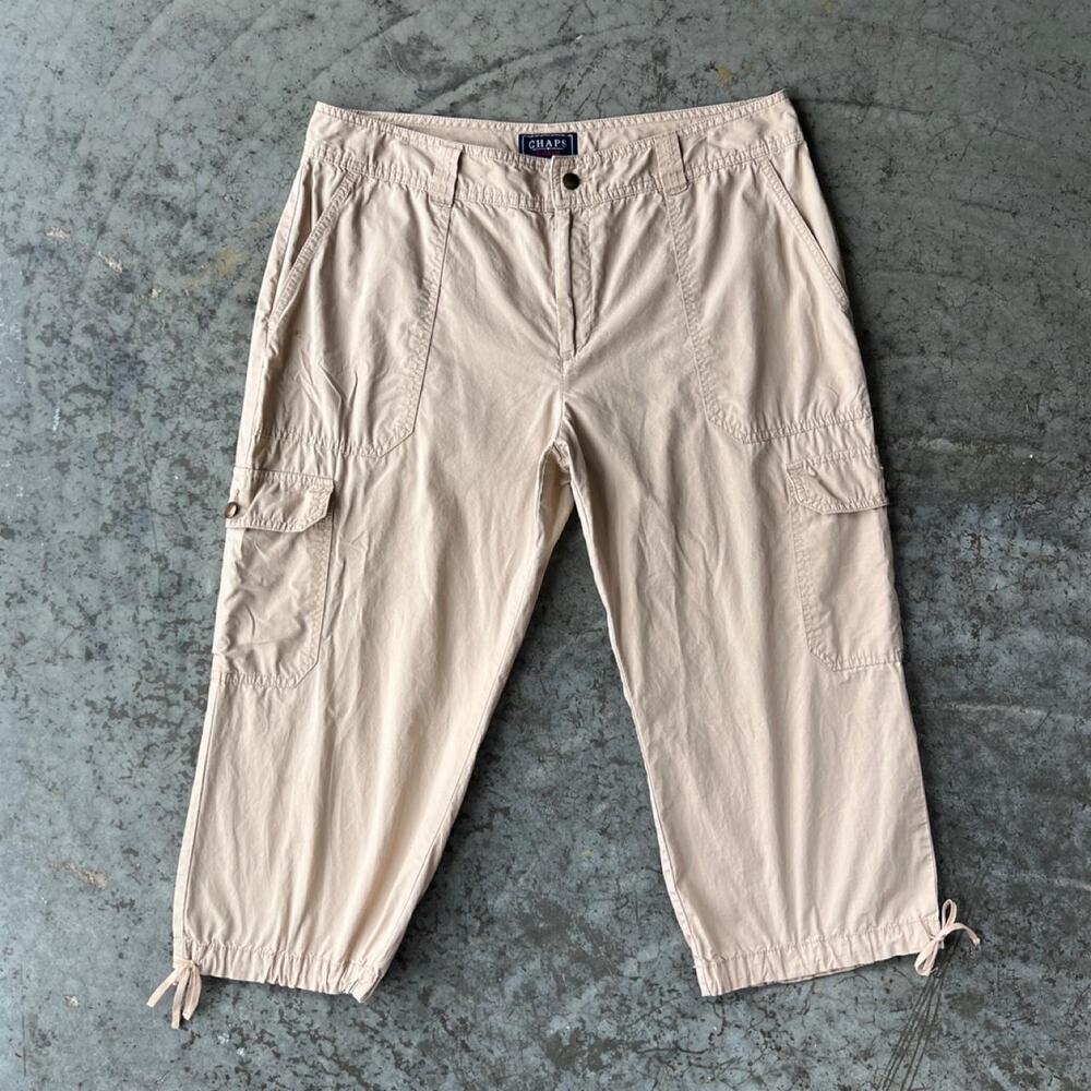 Chaps Denim Beige Khaki Cargo Cropped Capri Pants Drawstring Hem Size 12